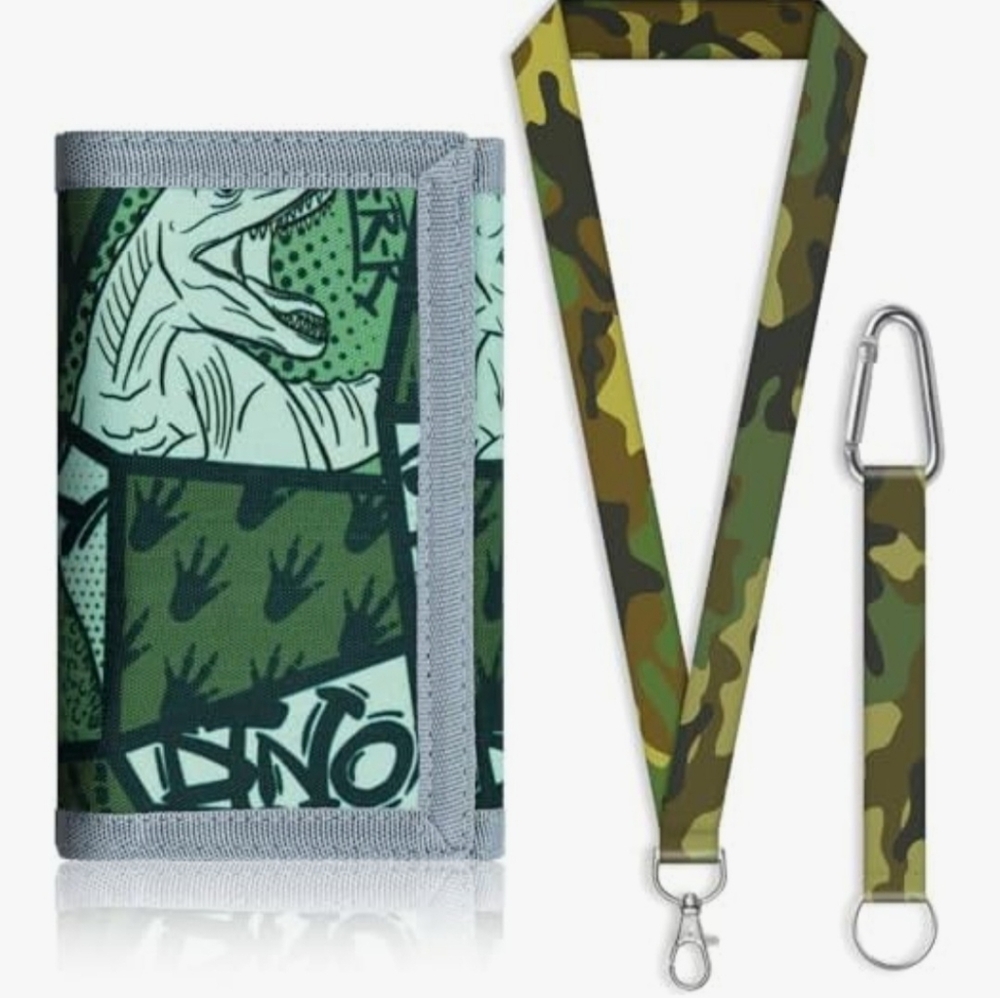 DinosaurTrifold Wallet Lanyard Keychain Set Nylon Money Card Holder For Children